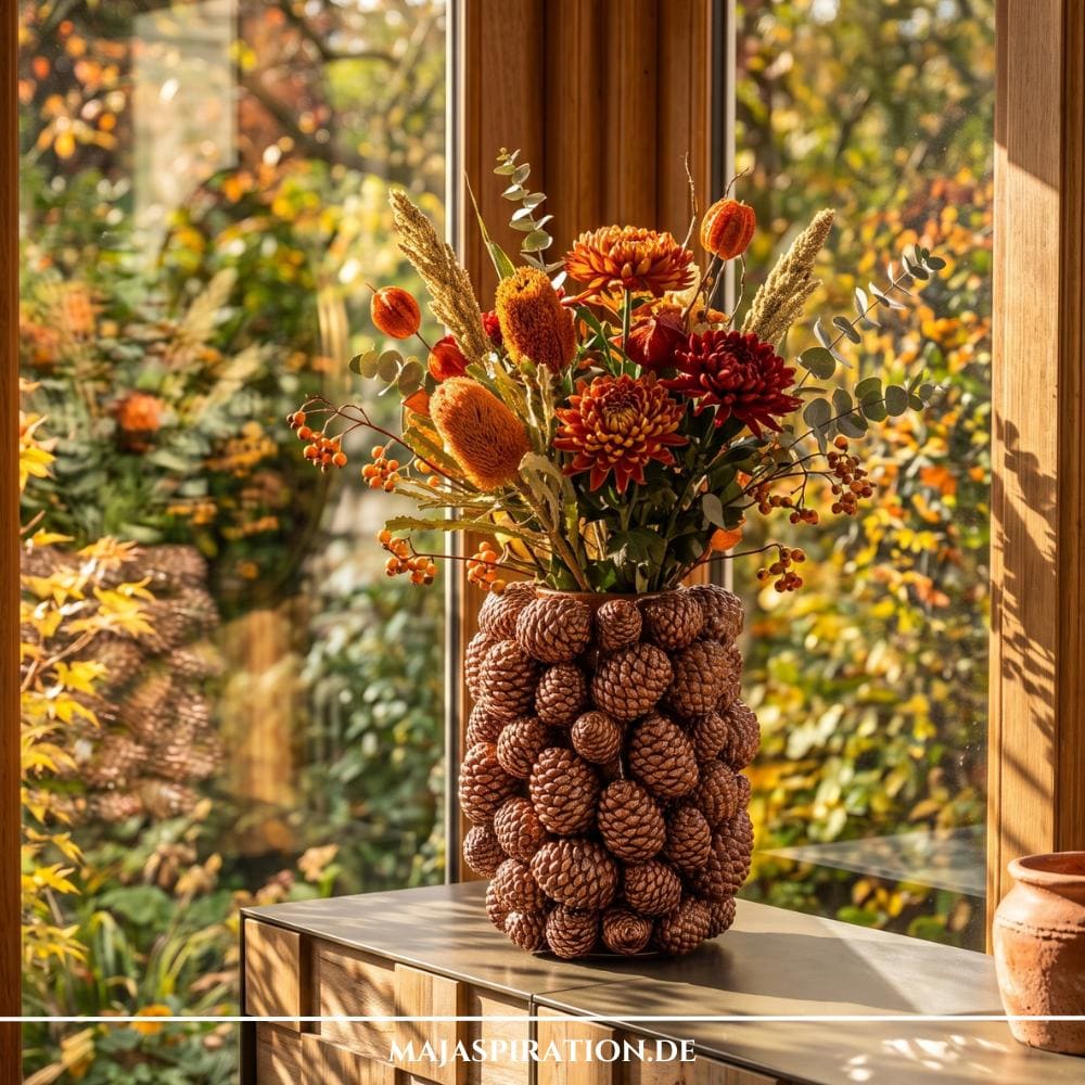 Eine große, DIY-Strukturvase komplett besetzt mit braunen Tannenzapfen, gefüllt mit einem üppigen herbstlichen Blumenstrauß aus orangefarbenen Chrysanthemen, Beeren und Eukalyptus, platziert auf einem Holz-Sideboard vor einem sonnigen Fenster.