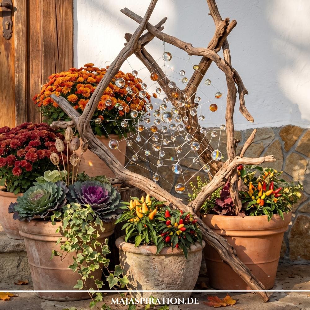 Herbstdeko selber machen: Ein kunstvolles DIY-Spinnennetz aus transparentem Draht und funkelnden Glasperlen, gespannt in einem rustikalen Rahmen aus dicken Holzästen und dekoriert zwischen Tontöpfen mit Chrysanthemen, Zierkohl und buntem Zierpaprika als herbstliche Outdoor-Deko.