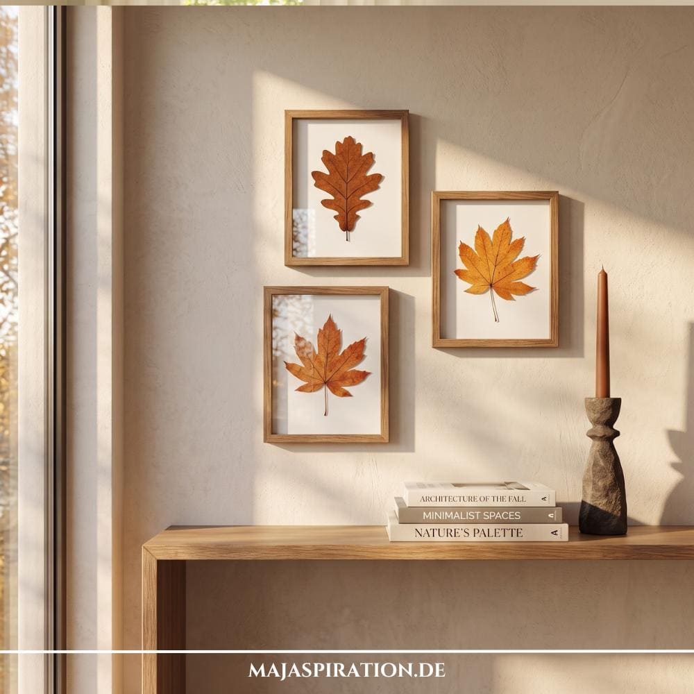 Drei minimalistische Eichenholzrahmen mit gepressten, herbstlichen Blättern auf hellem Papier, als Galerie an einer beigen Wand über einer Holzkonsole mit Büchern und einem Kerzenständer im modernen Scandi-Herbstdeko-Stil.