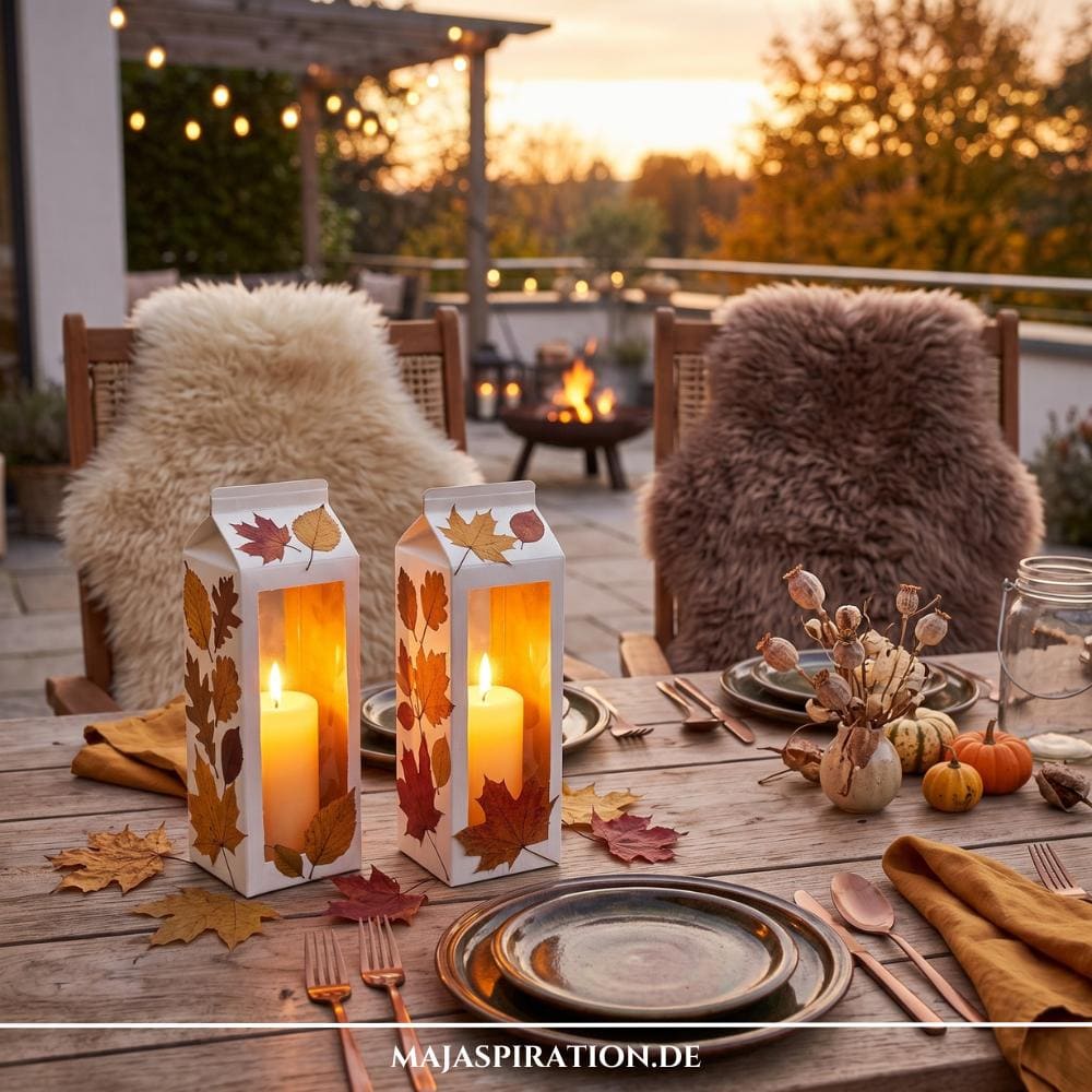 Herbstdeko selber machen: Zwei weiße DIY-Laternen aus upgecycelten Milchkartons, verziert mit bunten Herbstblättern und beleuchtet von warmen Stumpenkerzen, platziert auf einem herbstlich gedeckten Holztisch im Freien mit kuscheligen Lammfellen im Hintergrund.