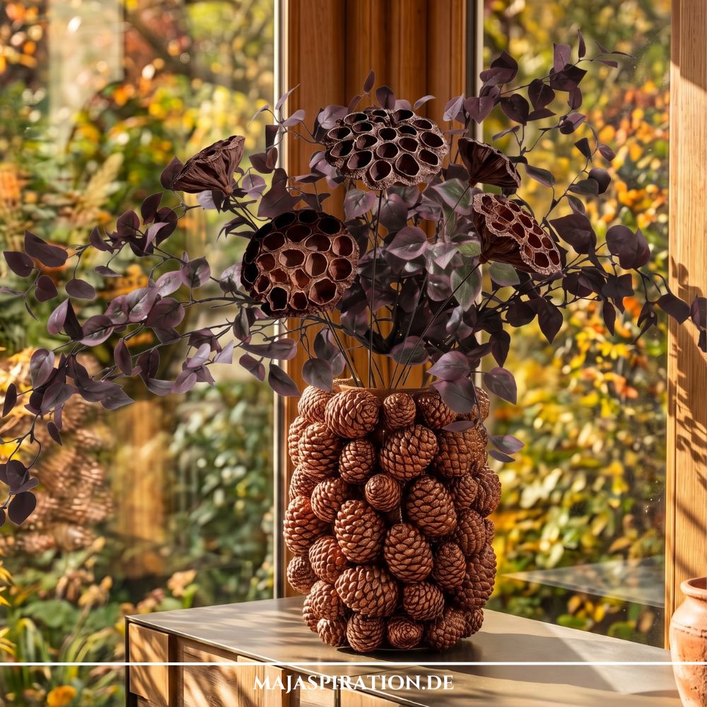 Eine gro&szlig;e, DIY-Strukturvase komplett besetzt mit braunen Tannenzapfen, gef&uuml;llt mit einem &uuml;ppigen herbstlichen Blumenstrau&szlig; aus lila Eukalyptus, platziert auf einem Holz-Sideboard vor einem sonnigen Fenster.