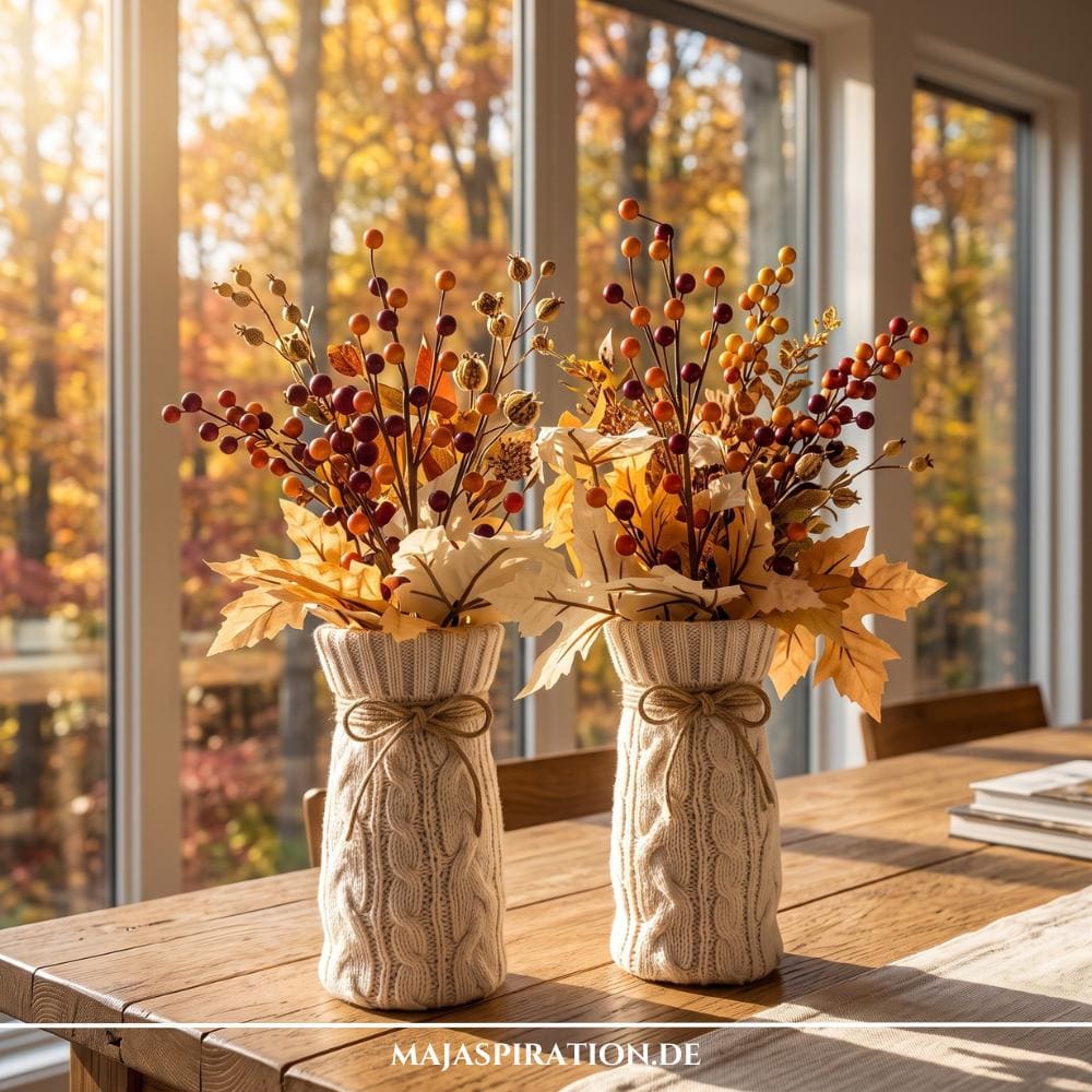 Zwei DIY-Vasen umhüllt mit cremefarbenem Zopfstrick-Stoff von alten Pullovern und verziert mit Juteschleifen, reich bestückt mit herbstlichen Beeren- und Blätterzweigen auf einem massiven Holztisch vor einem sonnigen Fenster.