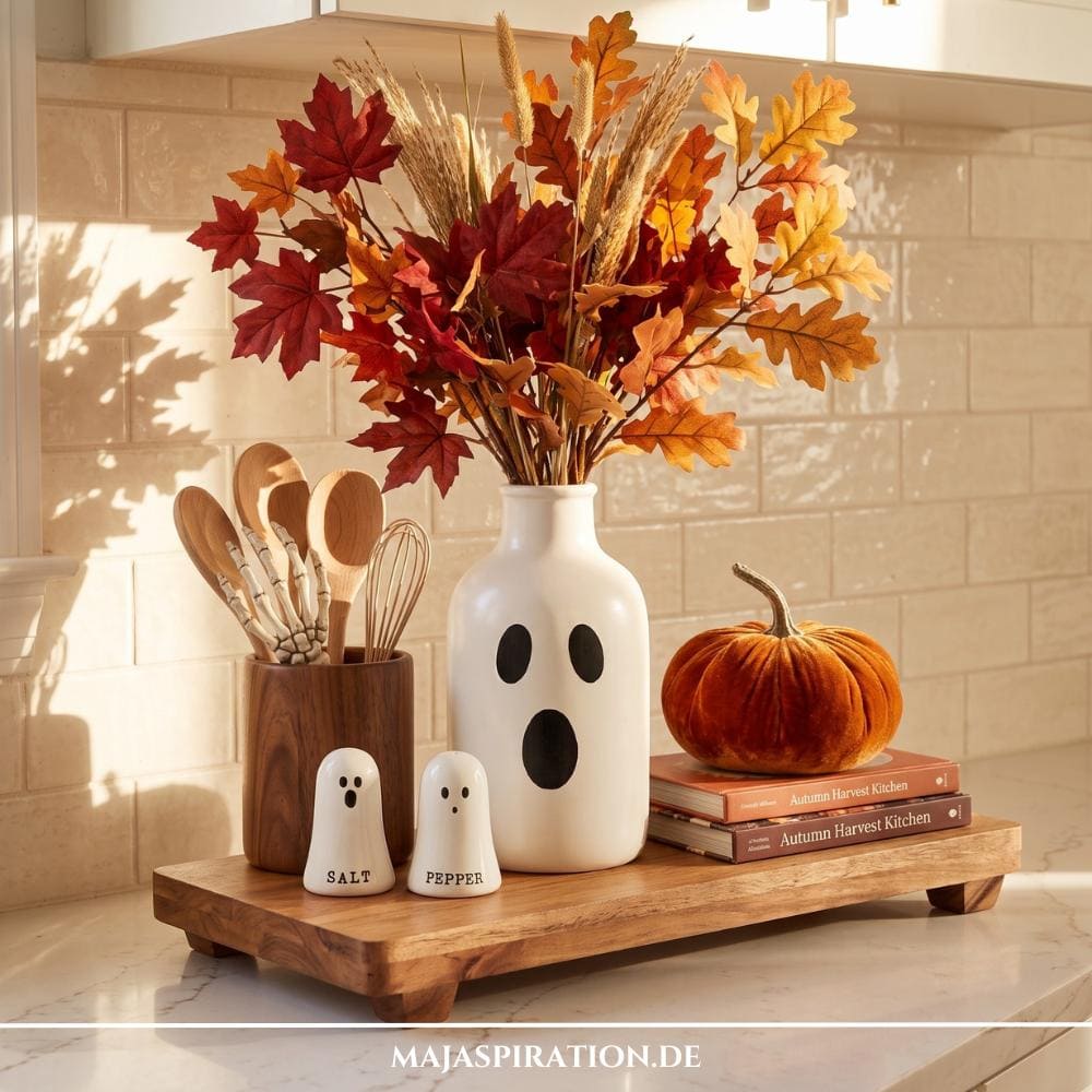 Ein Holztablett auf einer Küchentheke mit einer weißen Keramikvase, die ein Gespenstergesicht trägt und mit Herbstlaub gefüllt ist, umgeben von Salz- und Pfefferstreuern im Geist-Look, Kochlöffeln mit einer Skeletthand und einem Samtkürbis auf Kochbüchern.