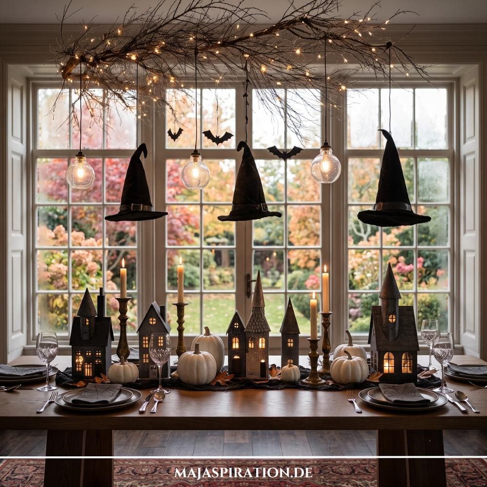 Eine stilvoll gedeckte Halloween-Tafel mit weißen Kürbissen und beleuchteten Miniatur-Spukhäusern, über der ein großer Ast mit warmweißen Lichterketten und schwebenden schwarzen Hexenhüten hängt.