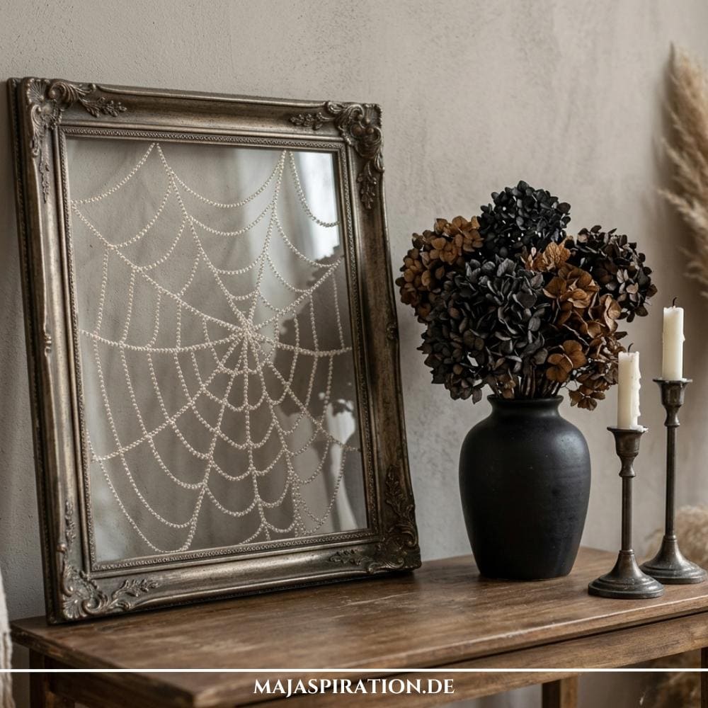 Ein verzierter, Vintage-Bilderrahmen mit einem kunstvoll gestalteten Spinnennetz aus Perlen, aufgestellt neben einer schwarzen Vase mit dunklen Trockenblumen und zwei alten Kerzenständern auf einer Holzkommode.