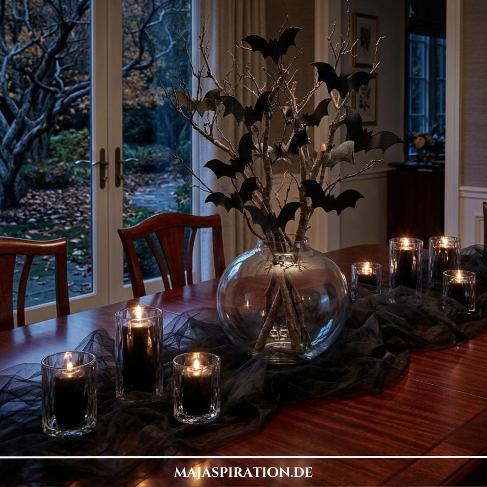 Eine elegante Tischdekoration für Halloween mit einer großen Glasvase voller Äste, an denen schwarze Papierfledermäuse haften, umgeben von brennenden schwarzen Kerzen im Glas und schwarzem Tüll.