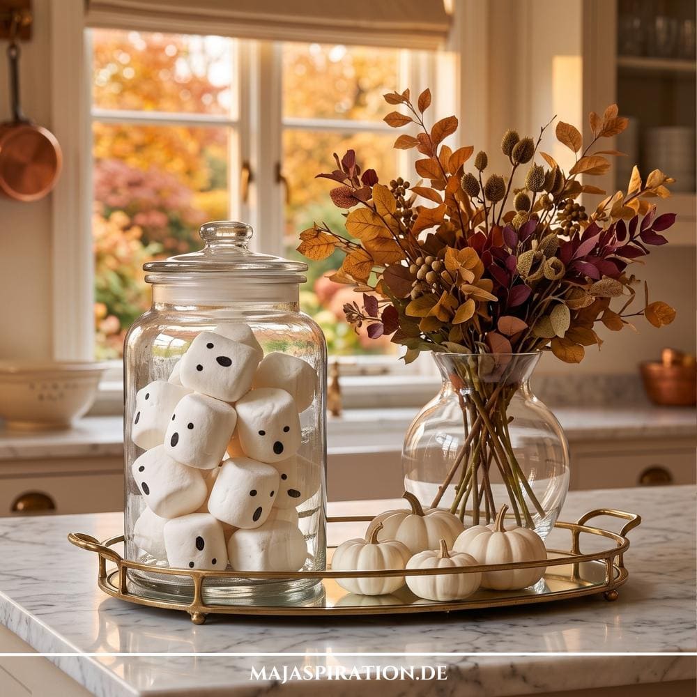 Ein goldenes Tablett auf einer Marmortheke mit einem großen Glas voller Marshmallows mit aufgemalten Gespenstergesichtern, weißen Minikürbissen und einer Vase mit herbstlichen Zweigen.