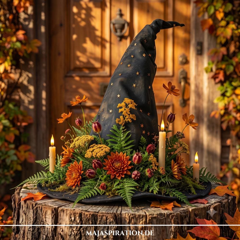 Ein spitzer, schwarzer Hexenhut mit kleinen goldenen Sternen, der auf einem rustikalen Baumstamm steht und üppig mit Farnen, Moos, orangefarbenen Herbstblumen und brennenden Kerzen geschmückt ist.
