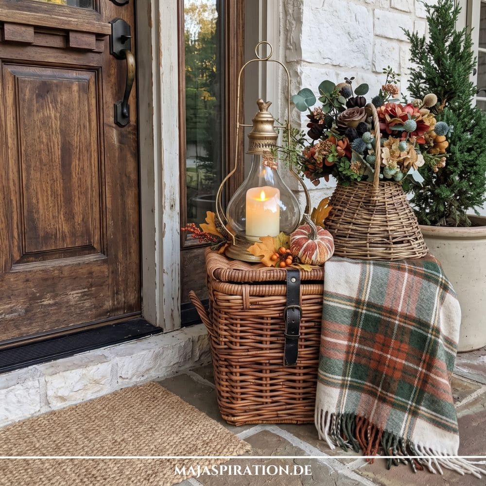 Herbstdeko am Hauseingang mit einem Rattan-Koffer, karofarbener Decke, Vintage-Glaslaterne und einem herbstlichen Blumenstrau&szlig; neben der Haust&uuml;r.