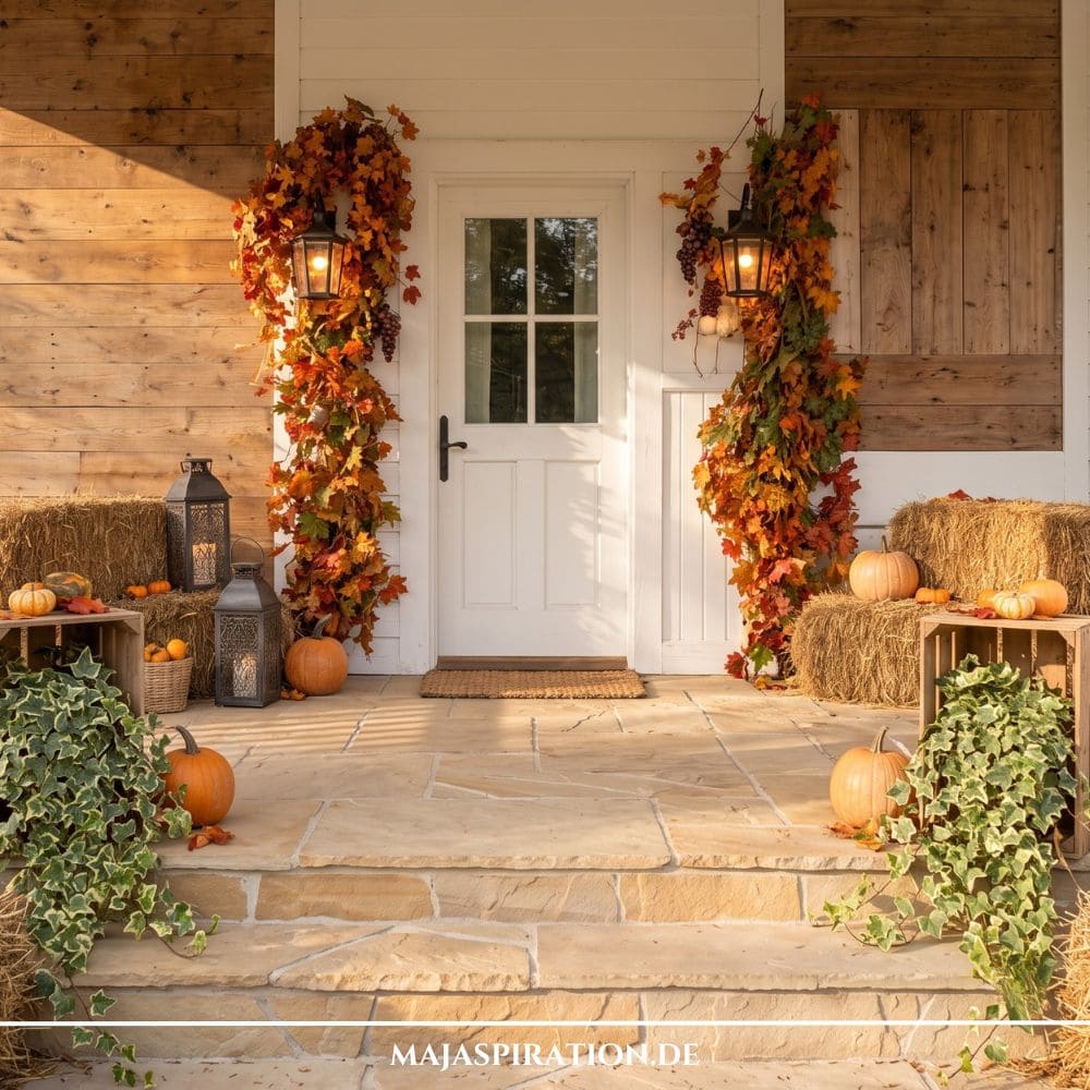 Opulente Herbstdeko am Hauseingang mit dichten Bl&auml;tter-Girlanden um die wei&szlig;e Haust&uuml;r, Strohballen, Laternen und K&uuml;rbissen auf den Treppenstufen.
