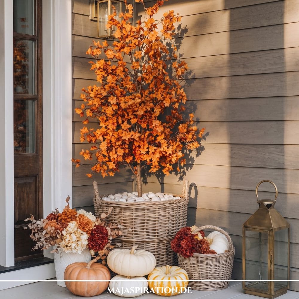 Herbstliche Hauseingang-Deko mit einem leuchtend orangen Ahornbaum im Flechtkorb, wei&szlig;en K&uuml;rbissen und einer Messinglaterne neben der Haust&uuml;r.