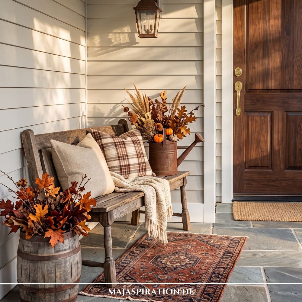 Gem&uuml;tliche Holzbank am Hauseingang mit herbstlichen Kissen, Plaid, einer rostigen Gie&szlig;kanne als Trockenblumen-Vase und einem kleinen Holzfass mit bunten Bl&auml;ttern.