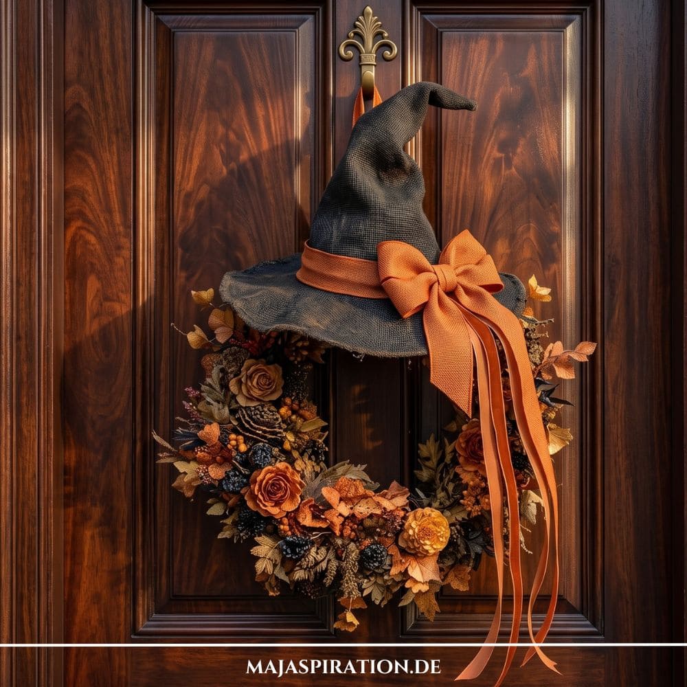 Herbstlicher T&uuml;rktanz aus Trockenblumen mit einem schwarzen Hexenhut und einer gro&szlig;en orangen Schleife an einer dunklen Holzhaust&uuml;r.