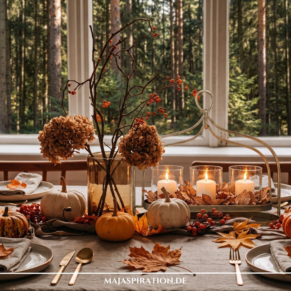 Herbstliche Tischdekoration vor einem großen Fenster mit getrockneten Hortensien und Beerenzweigen in einer bernsteinfarbenen Vase, Mini-Kürbissen, Ahornblättern und drei Windlichtern in einem goldenen Metallgestell.
