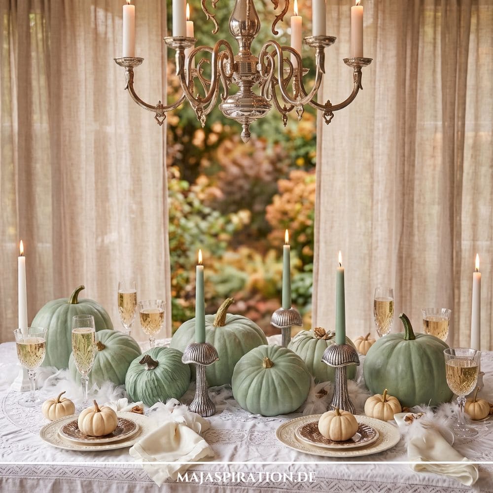 Luxuriös gedeckte Herbst-Tafel in Salbeigrün und Weiß mit salbeifarbener Kürbis-Deko, silbernen Kerzenständern, Kristallgläsern und einem klassischen Kronleuchter im Hintergrund.