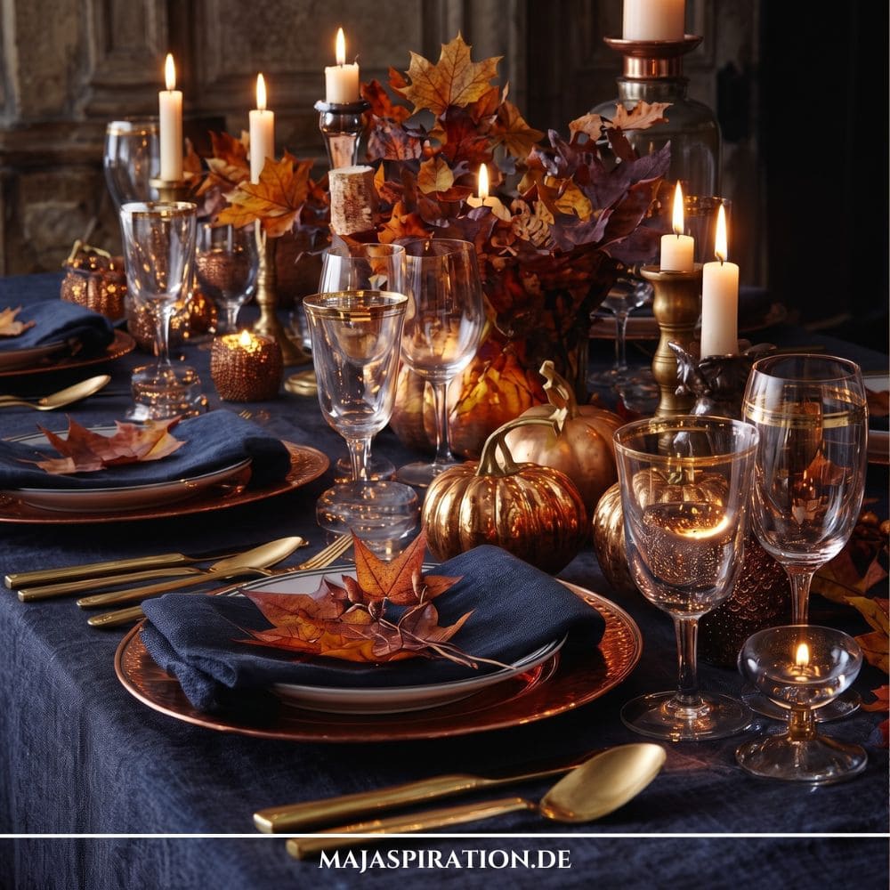 Dramatisch-luxuriöse Herbst-Tischdekoration auf einer nachtblauen Tischdecke mit metallisch glänzenden Kürbissen in Gold und Kupfer, Kerzenständern, kupfernen Platztellern und feurigem Herbstlaub.