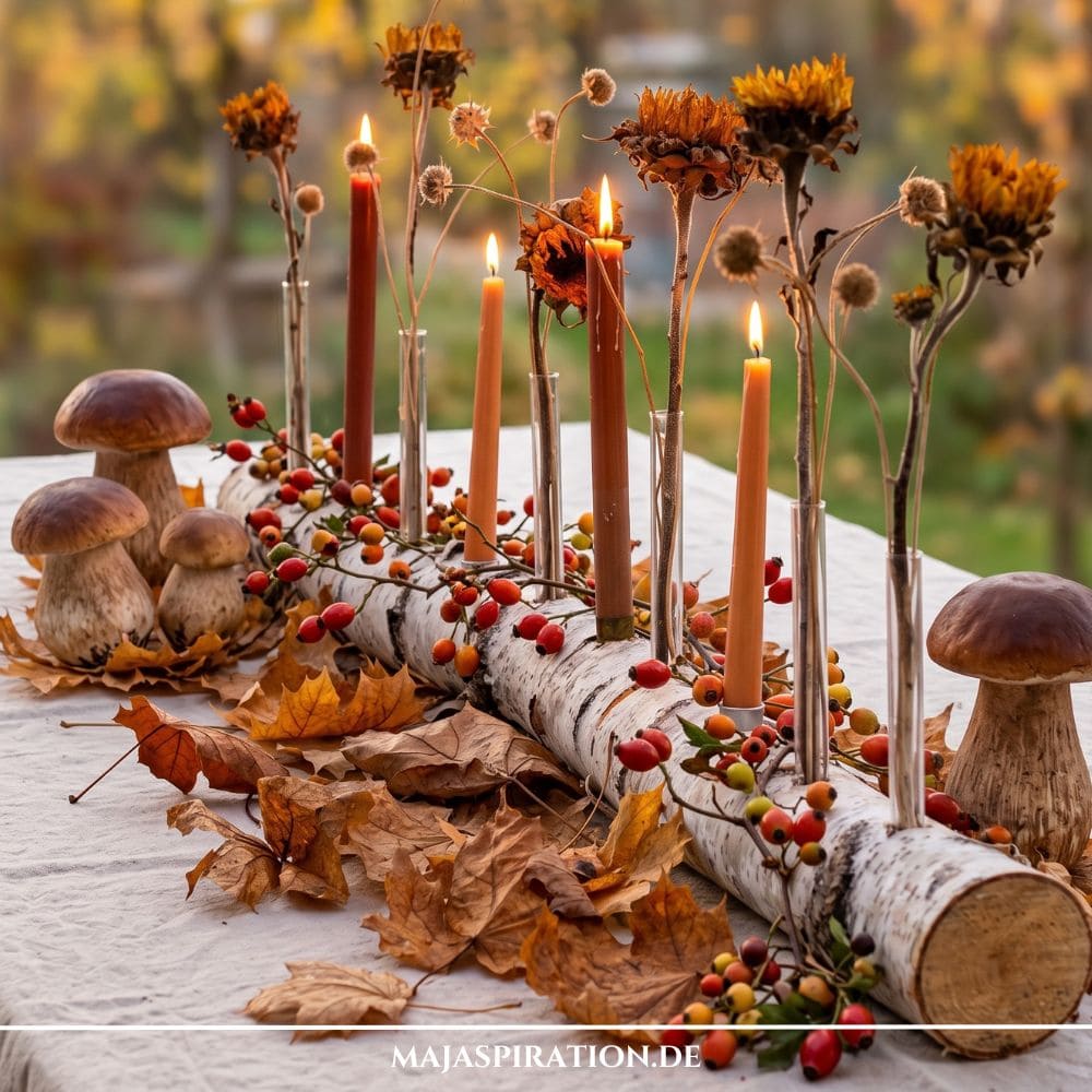 Herbstlicher Birkenstamm als Kerzen- und Vasenhalter mit getrockneten Sonnenblumen in Reagenzgläsern, Terrakotta-Stabkerzen, Hagebuttenranke, Ahornblättern und Deko-Steinpilzen auf hellem Leinentuch.