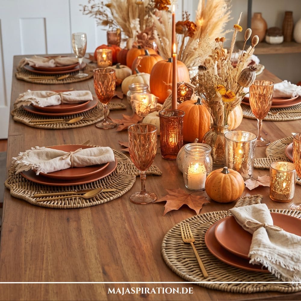 Modern gedeckter Holztisch im Boho-Stil für den Herbst mit Rattan-Platzsets, Terracotta-Geschirr, goldenem Besteck, Kürbissen, Pampasgras, Bernsteingläsern und Kerzen in Gläsern.