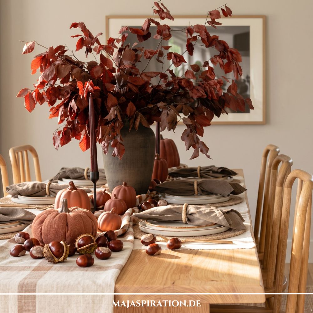 Modern eingedeckter Holztisch mit herbstlicher Tischdekoration, großer dunkler Vase mit rötlichen Laubzweigen, Terracotta-Kürbissen, Kastanien und Leinenservietten auf Jutematten.