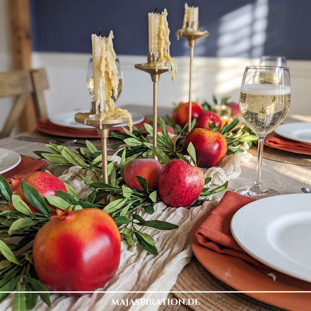 Festlich gedeckter Herbsttisch mit einer Girlande aus grünen Zweigen, roten Äpfeln, Granatäpfeln und tropfenden Wachskerzen auf goldenen Ständern.