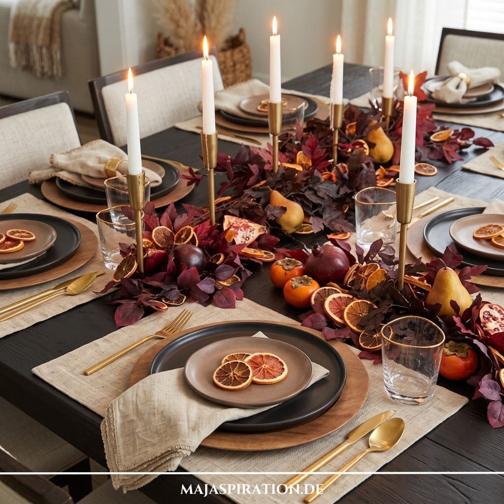 Natürliche Herbst Tischdeko: Festlich gedeckter dunkler Holztisch mit herbstlicher Tischdeko aus tiefrotem Laub, Granatäpfeln, getrockneten Orangenscheiben, Messingkerzenständern mit weißen Stabkerzen und goldenem Besteck.