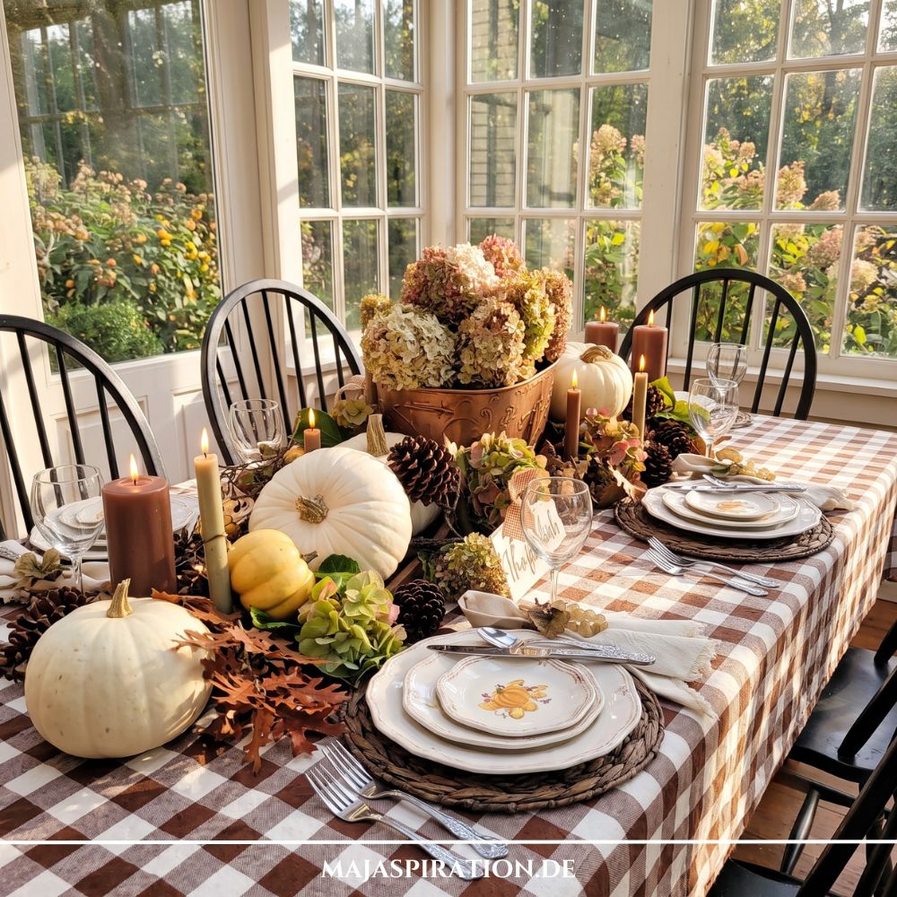 Natürliche Herbst Tischdeko auf einer braun-weiß karierten Tischdecke im Landhausstil mit hellen Kürbissen, getrockneten Hortensien, Zapfen und braunen Kerzen im warmen Sonnenlicht.