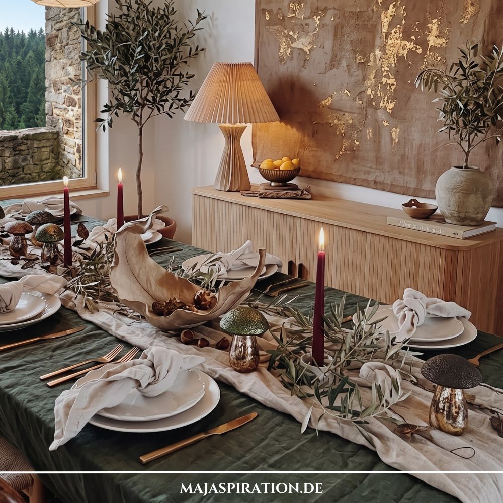 Elegante herbstliche Tischdekoration auf waldgrüner Leinentischdecke mit beigem Läufer, schimmernden Deko-Pilzen, Olivenzweigen, dunkelroten Stabkerzen und geknoteten Leinenservietten.