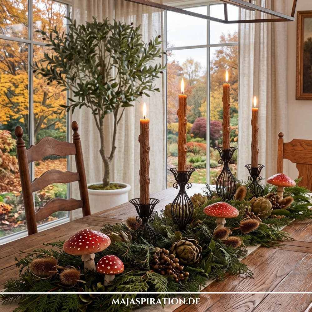 Natürliche Herbst Tischdeko auf einem Holztisch mit dichtem Tannen- und Distelgrün, Fliegenpilz-Figuren, Artischocken sowie schwarzen Metallleuchtern mit braunen Stabkerzen in Baumrinden-Optik.