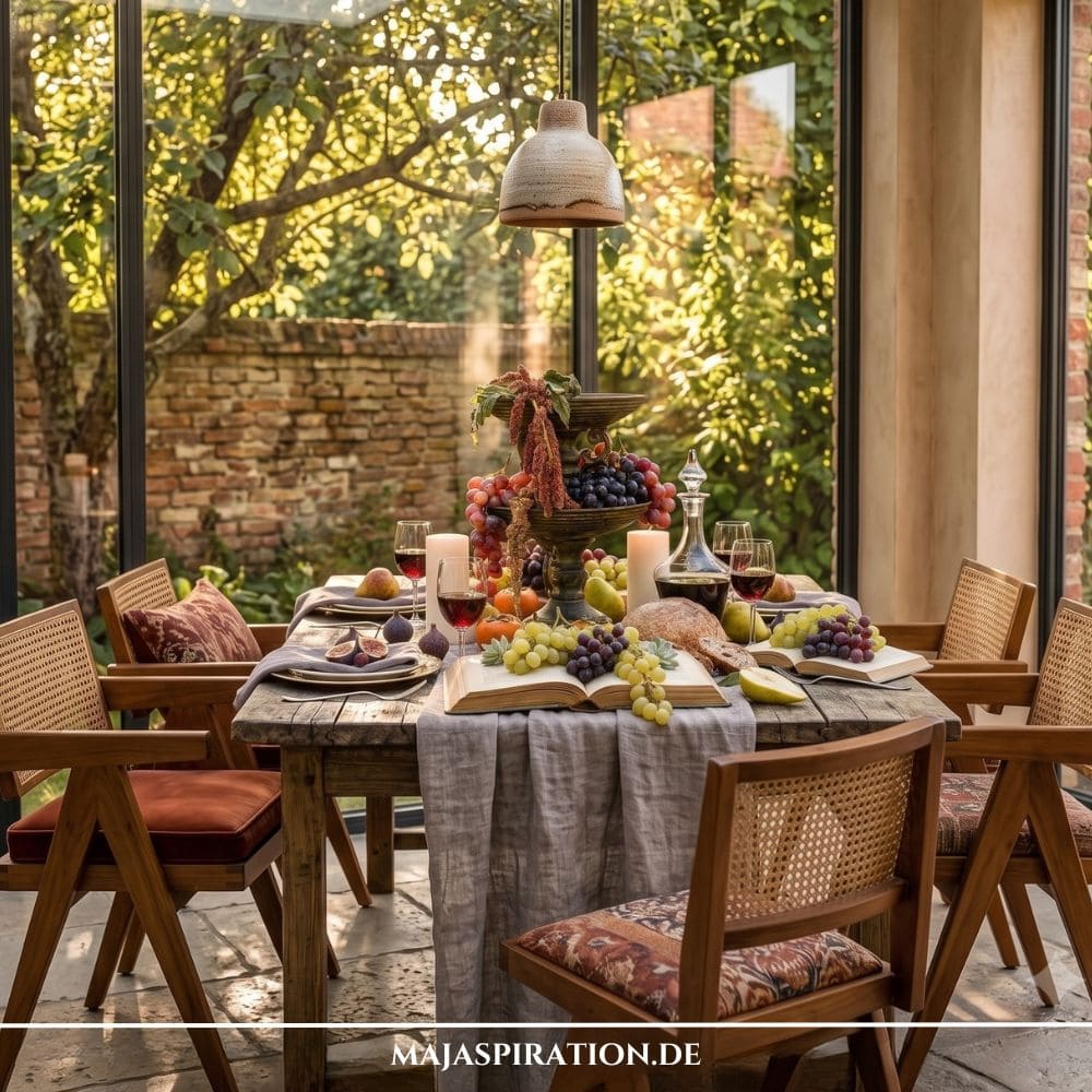 Opulente herbstliche Tischdekoration auf einem rustikalen Holztisch mit Trauben auf einer Keramik-Etagère, Feigen, aufgeschlagenen Büchern, grauer Tischwäsche und Rotweingläsern in einem lichtdurchfluteten Wintergarten.