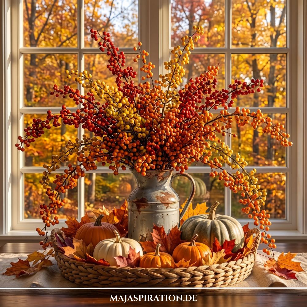 Herbstliches Deko Tablett Idee in geflochtenem Korb mit antiker Krugvase