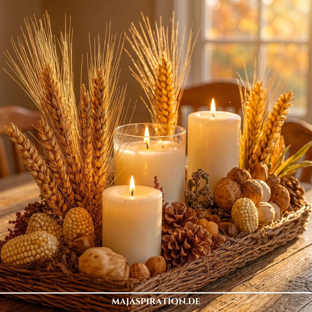 Herbstliches Deko Tablett im Erntedank Stil mit Maiskolben