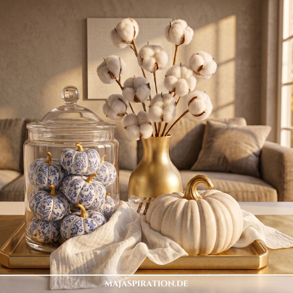Elegante herbstliche Deko Tablett Idee mit Baumwollzweigen, wei&szlig;-blauen K&uuml;rbissen auf Goldtablett