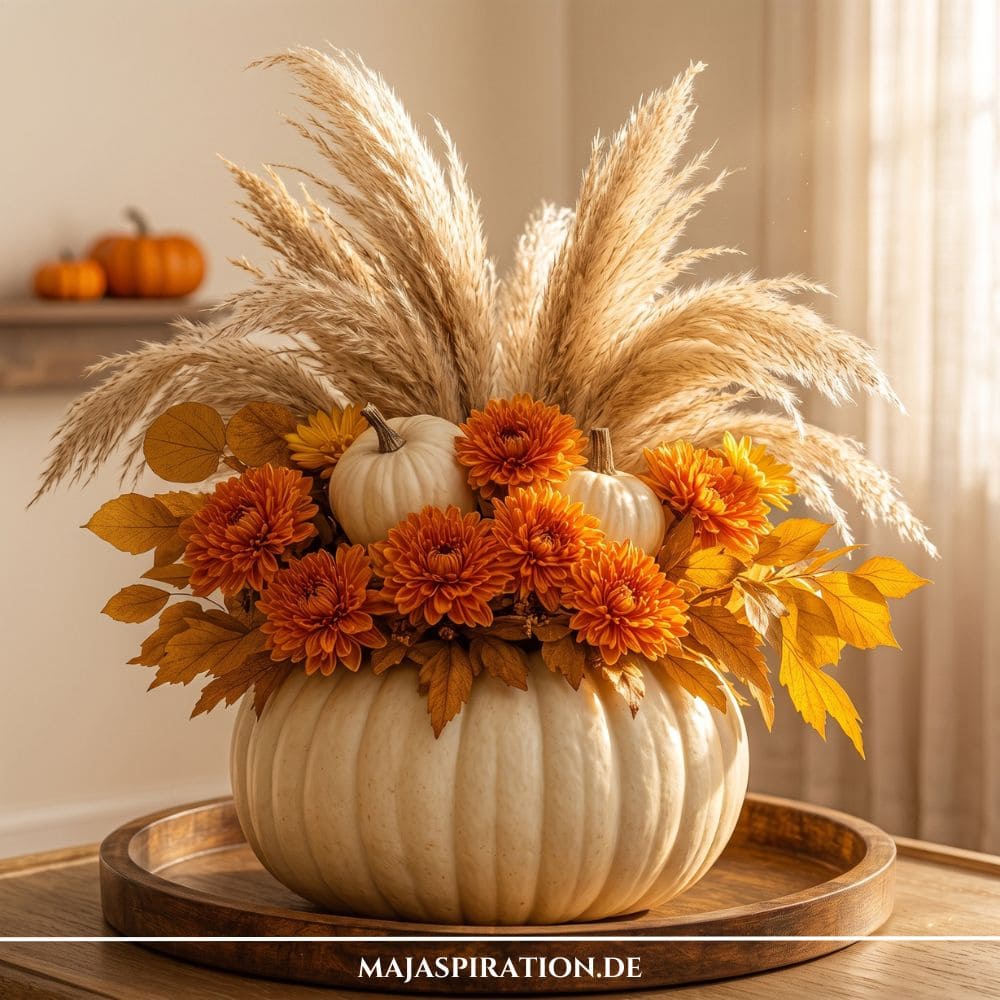 Herbstliches Deko Tablett mit wei&szlig;er K&uuml;rbisvase