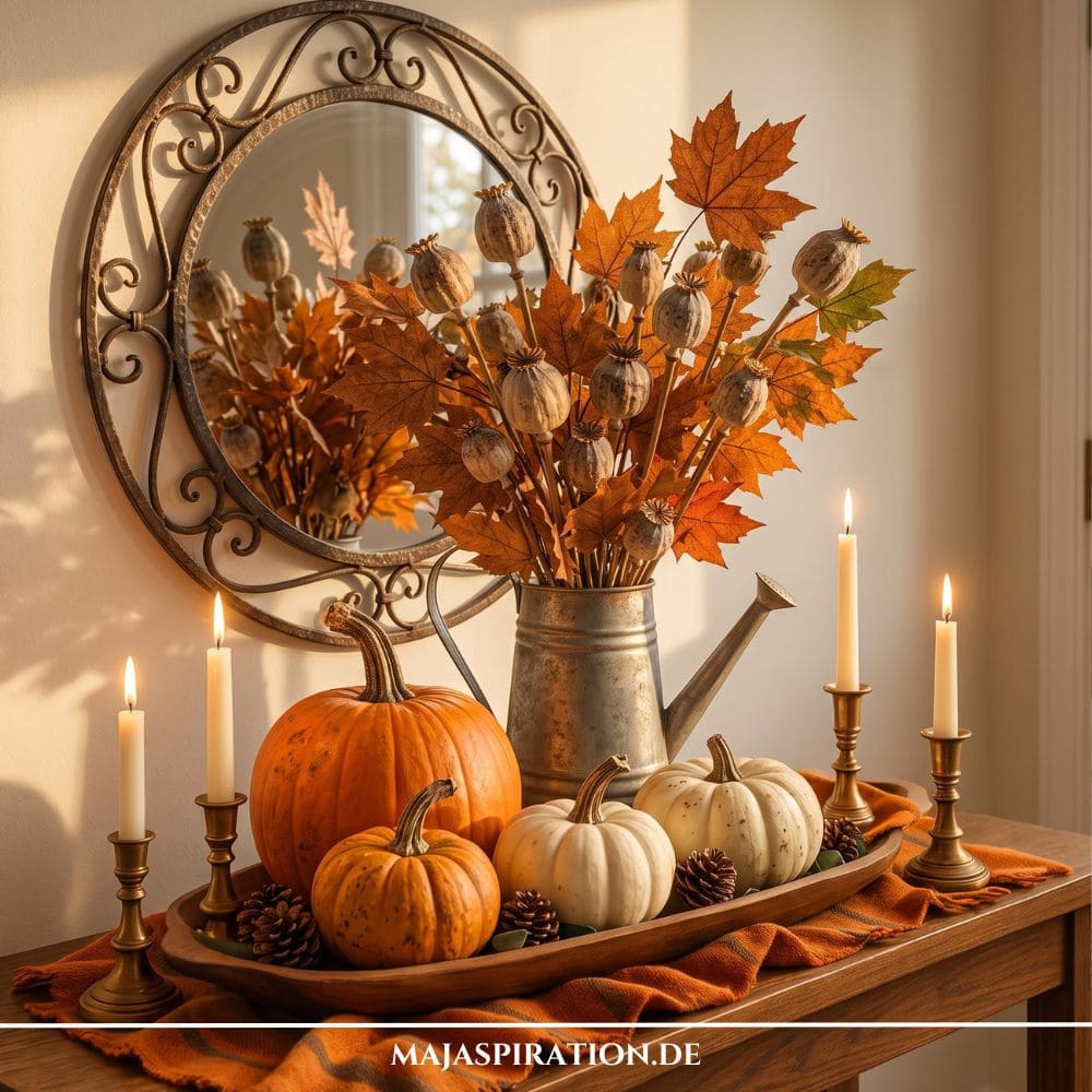 Rustikale Konsolentischdeko f&uuml;r den Herbst mit Herbststrau&szlig; in Zink Gie&szlig;kanne.