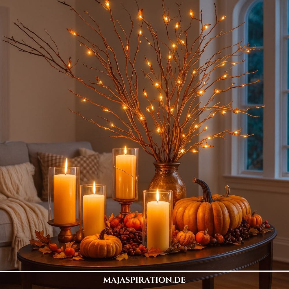 Herbstliches Deko Tablett Idee mit Lichterzweigen