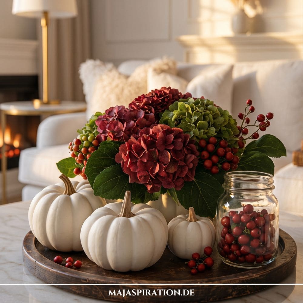 Herbstliches Deko Tablett mit wei&szlig;em K&uuml;rbis und herbstlichen Blumen in Gr&uuml;n und Burgunder