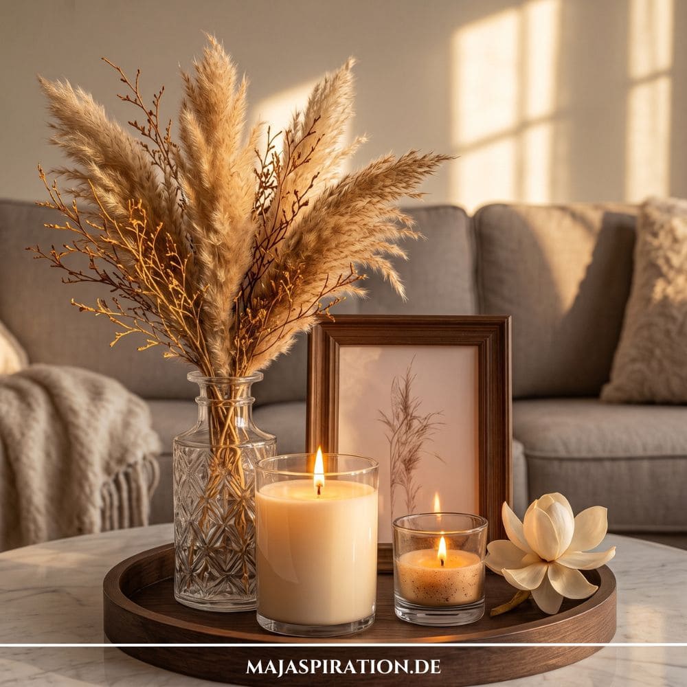 Herbstliches Deko Tablett Idee mit Pampasgras und Bilderrahmen