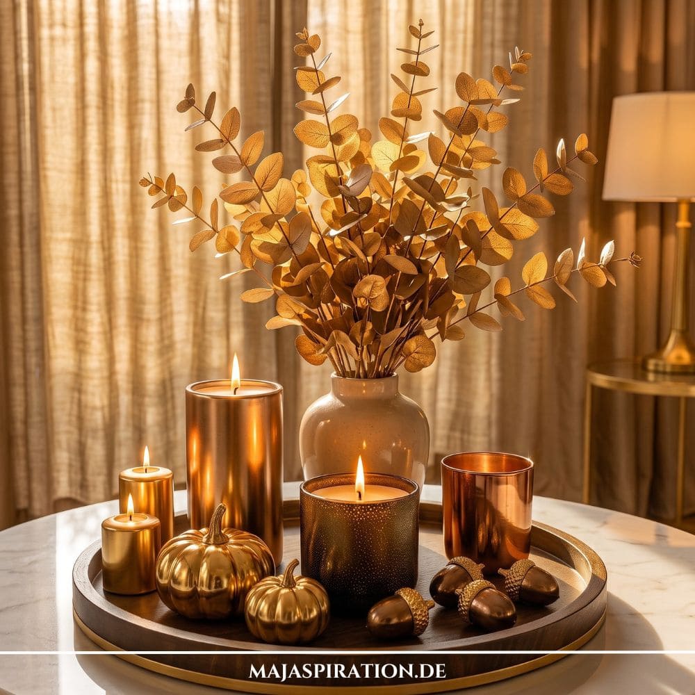 Herbstliches Deko Tablett Idee mit goldenen Eukalyptuszweigen