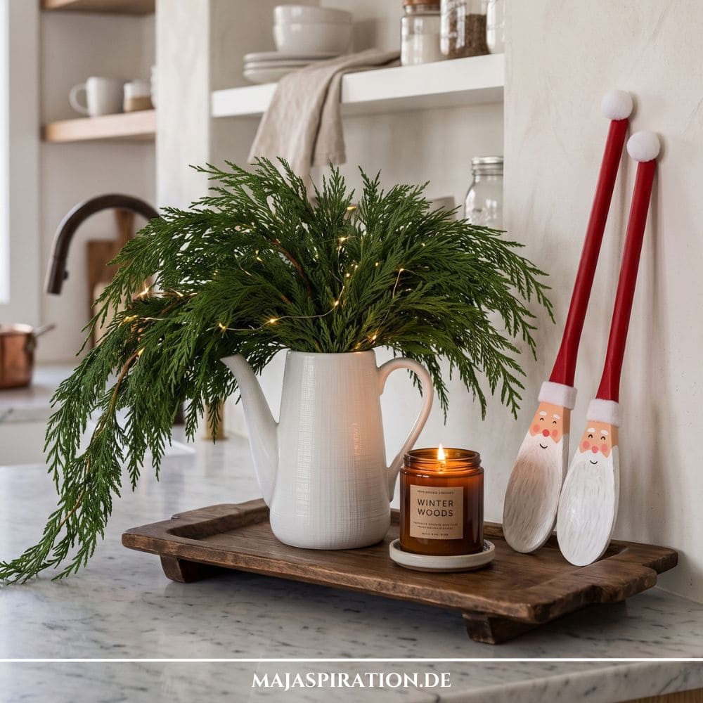 Ein Bild zeigt eine kreative und nat&uuml;rliche DIY Weihnachtsdeko in einer K&uuml;che: Auf einem rustikalen Holztablett steht eine wei&szlig;e Kanne mit Tannen- oder Zedernzweigen und einer Lichterkette, daneben eine Duftkerze und zwei zu Weihnachtsm&auml;nnern bemalte Holzl&ouml;ffel.