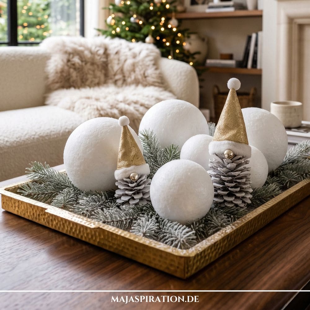 Ein stimmungsvolles Foto zeigt eine nat&uuml;rliche DIY Weihnachtsdeko-Idee auf einem Couchtisch. Ein goldenes Tablett ist gef&uuml;llt mit echten Tannenzweigen, wei&szlig;en Kugeln und zwei charmanten Zwergen-Figuren. Die Wichtel bestehen aus Kiefernzapfen mit kleinen goldenen Spitzh&uuml;ten und Pl&uuml;schrand, alles plastikfrei und umweltfreundlich. Der Hintergrund zeigt ein gem&uuml;tliches, modernes Wohnzimmer mit einem geschm&uuml;ckten Weihnachtsbaum.