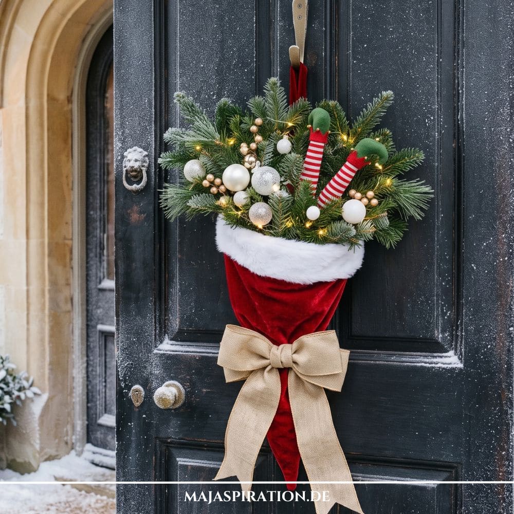 Eine festliche Weihnachtsdekoration, die als nachhaltige DIY Weihnachtsdeko an einer dunklen Haust&uuml;r h&auml;ngt: Eine rote umgedrehte Samtm&uuml;tze mit wei&szlig;em Fellrand, gef&uuml;llt mit echten Tannenzweigen, wei&szlig;en Kugeln, Beeren, Lichterketten und gestreiften Elfenbeinen, verziert mit einer Juteschleife.