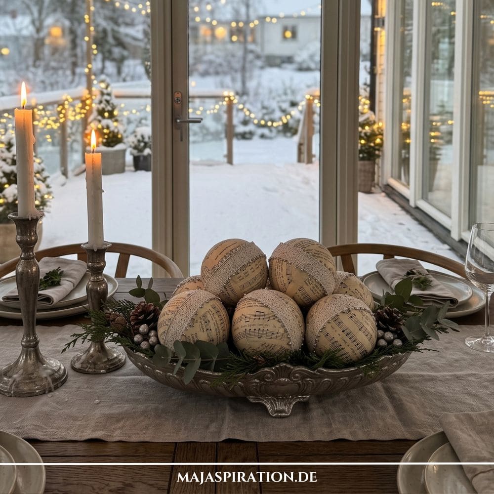 Nat&uuml;rliche DIY Weihnachtsdeko ohne Plastik: Selbstgemachte Deko-Kugeln aus alten Notenseiten mit Spitzenband, arrangiert in einer Schale mit Tannengr&uuml;n auf dem festlichen Tisch.