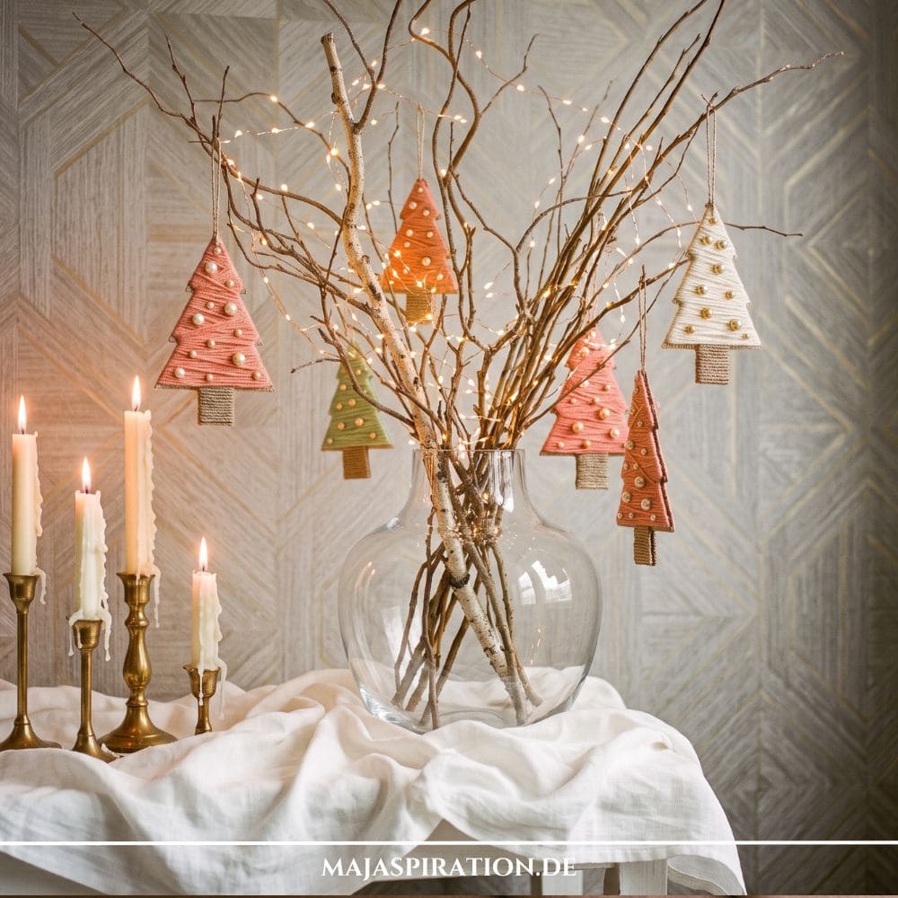 Nat&uuml;rliche DIY Weihnachtsdeko: Aus Pappe und Garn gewickelte Miniatur-Tannenb&auml;ume mit Holzperlen an &Auml;sten in einer Glasvase neben brennenden Kerzen.