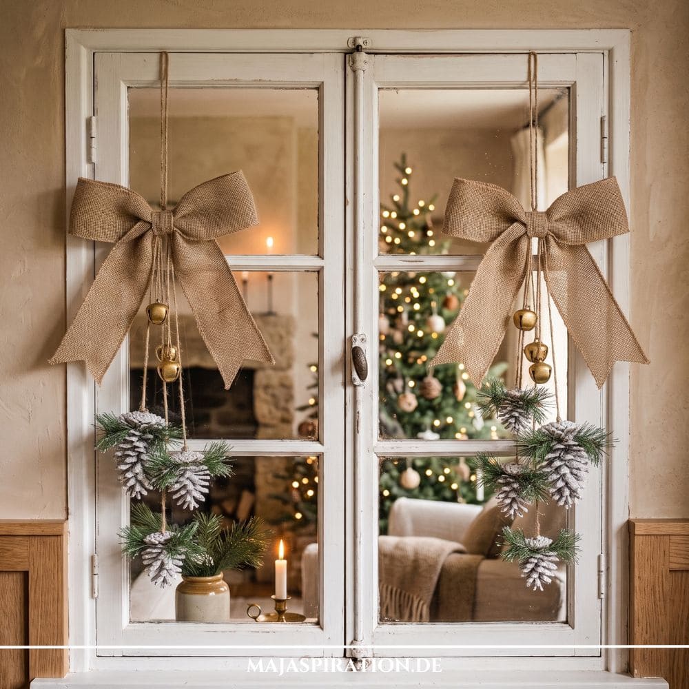 Nat&uuml;rliche DIY Weihnachtsdeko am Holzfenster mit gro&szlig;en Jute-Schleifen, herabh&auml;ngenden beschneiten Kiefernzapfen, Tannengr&uuml;n und goldenen Gl&ouml;ckchen vor einem geschm&uuml;ckten Weihnachtsbaum.