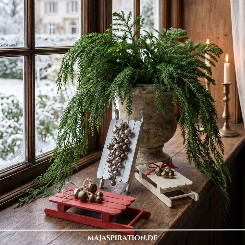 Nat&uuml;rliche DIY Weihnachtsdeko: Selbst gebastelte Miniatur-Holzschlitten aus Eisstielen mit Vintage-Gl&ouml;ckchen auf einer Holzfensterbank neben frischem Tannengr&uuml;n.