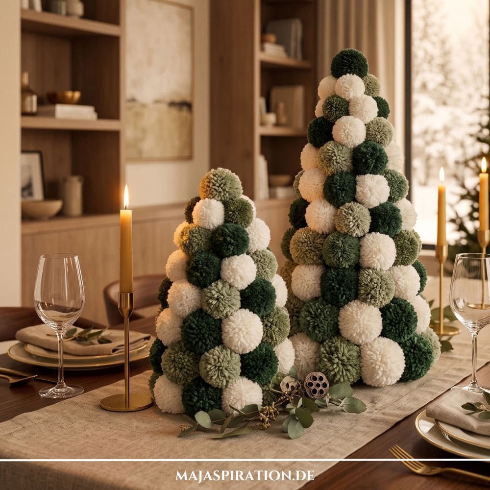 Zwei handgemachte Deko-Weihnachtsb&auml;ume aus gr&uuml;nen und cremefarbenen Wollpompoms stehen als nat&uuml;rliche DIY Weihnachtsdeko auf einem festlich gedeckten Esstisch neben Kerzenleuchtern.