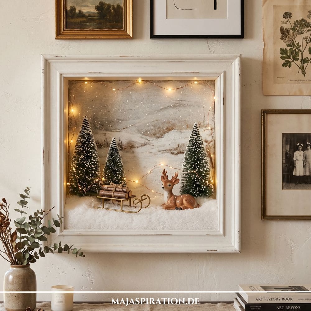 Nat&uuml;rliche DIY Weihnachtsdeko: beleuchtetes 3D-Winterdiorama in einem wei&szlig;en Vintage-Bilderrahmen mit Tannen, Rehfigur, Holzschlitten und Lichterkette an einer Galeriewand.