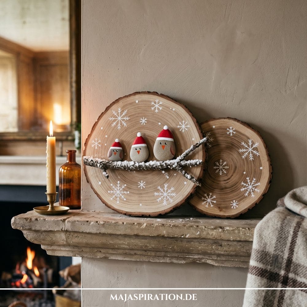 Eine gem&uuml;tliche Szene auf einem Kaminsims mit zwei dekorierten Holzscheiben. Die vordere zeigt drei kleine Steinchen-Pinguine mit roten Weihnachtsm&uuml;tzen, die auf einem Ast sitzen. Die Holzscheiben sind mit handgemalten Schneeflocken und Punkten verziert. Diese nat&uuml;rliche DIY-Weihnachtsdeko ist eine kreative Bastelidee ohne Plastik, perfekt f&uuml;r eine nachhaltige Weihnachtszeit.