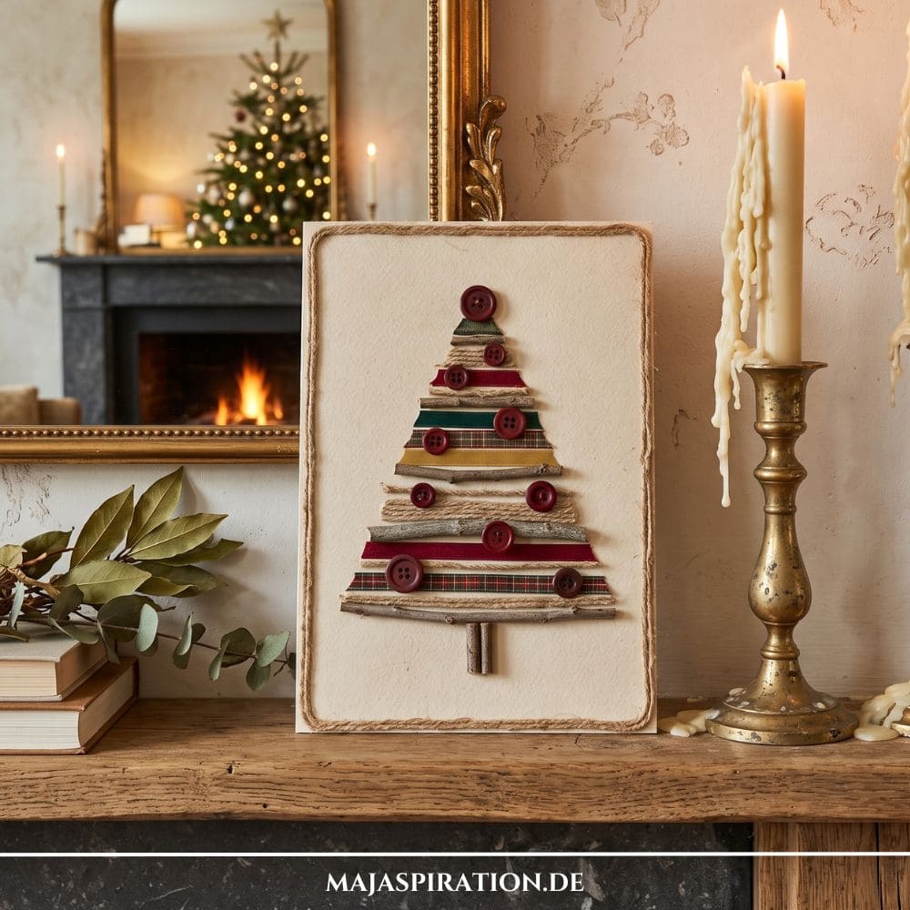 Nat&uuml;rliche DIY Weihnachtsdeko: Aus &Auml;sten, Stoffresten und roten Kn&ouml;pfen gestalteter Tannenbaum als Bild auf einer Weihnachtskarte im gem&uuml;tlichen Wohnzimmer.