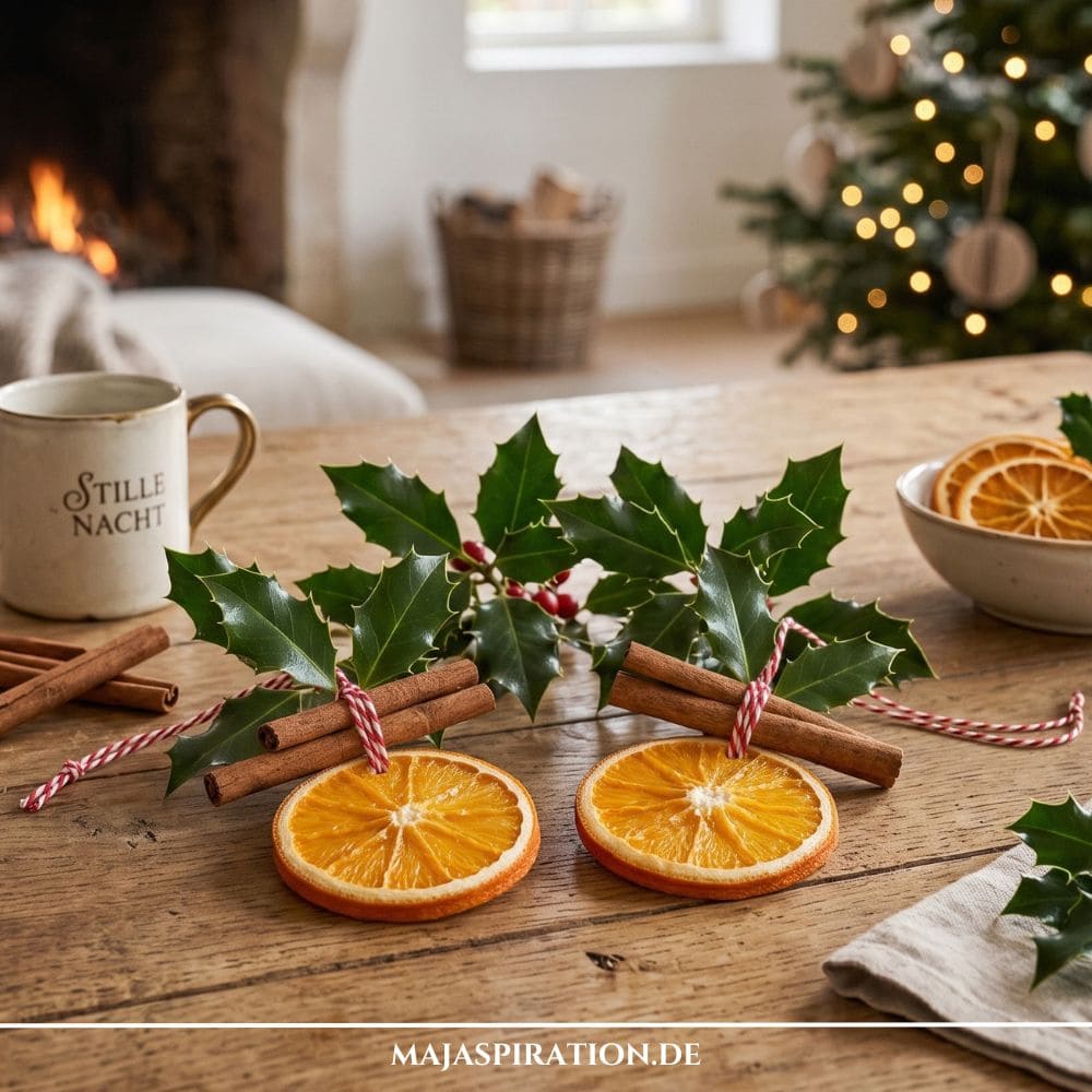 Nat&uuml;rliche DIY-Weihnachtsdeko: Eine Nahaufnahme zweier handgemachter Christbaumanh&auml;nger aus getrockneten Orangenscheiben, geb&uuml;ndelten Zimtstangen und Ilex-Zweigen mit roten Beeren, die mit rot-wei&szlig;er Kordel verziert sind und auf einem rustikalen Holztisch liegen. Im Hintergrund ist ein geschm&uuml;ckter Weihnachtsbaum mit Lichtern und ein brennender Kamin zu sehen.